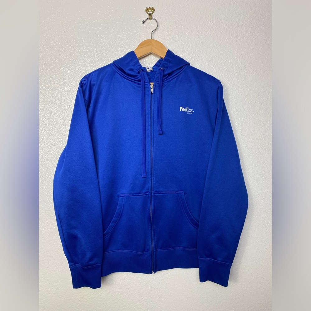 FedEx Sweatshirt Mens Large Blue Hoodie Full Zip Employee Work Uniform Delivery